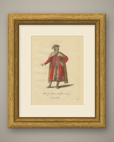 Habit of a Russian Merchant in 1577, Hand Colored Jefferys Costume Plate, 1757, shown framed