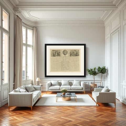 Antique Print of the Monarchy and Nobles of Great Britain by Chatelain, c.1720, shown framed in a room