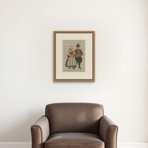 Dutch Folk Couple in Vibrant Marriage Dress from Marken, Netherlands, c.1932, shown framed on a wall