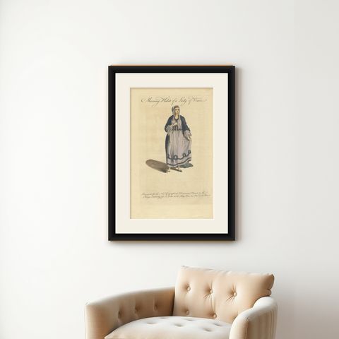 Antique Costume Print of the Morning Habit of a Lady of Venice by Coote 'c.1760', shown framed on a wall