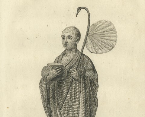 Burmese Monk in His Religious Robe, Antique Costume Print, circa 1800, close-up 1