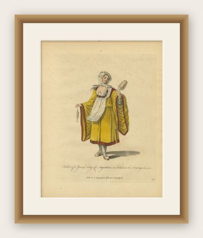 Antique Costume Print Young Lady of Argentiera Archipelago by Jefferys, 1749, shown framed