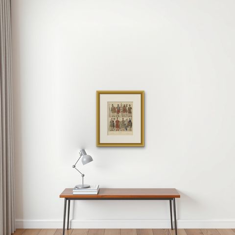 Antique Roman Military Costume Plate, Hand-Colored Print c.1880, shown framed on a wall