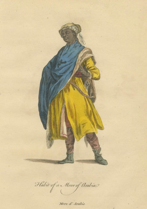 Arabian Moor in Yellow Robe, Antique Hand-Colored Costume Print, 1749, close-up 2