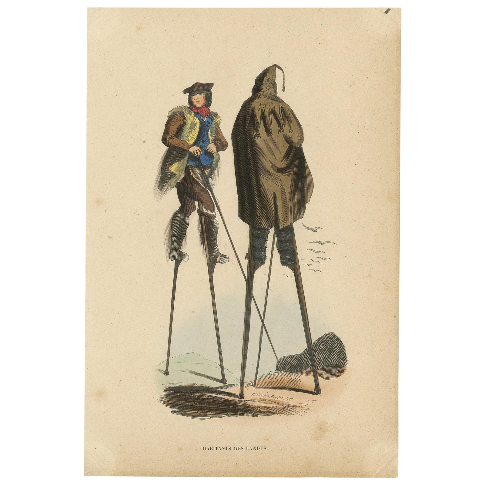 Antique Costume Print of Inhabitants of Landes by Wahlen, 1843