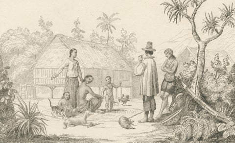 Antique Oceania Engravings, Guam Chamorro Life, Distillery and Costumes, 1836, close-up 2
