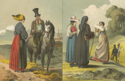 Austrian Folk Costume Pair, Hausruckkreis, Alpine Genre Scenes, 19th Century, close-up 2