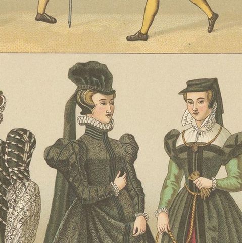 Pl. 66 Antique Print of European XVIth Century Costumes by Racinet 'circa 1880', close-up 2