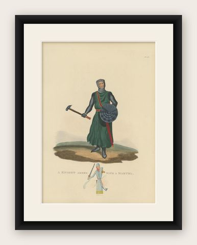 Genuine Antique Print of a Knight Armed with A Martel in Old Hand-Coloring, 1842, shown framed