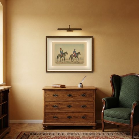 Spanish Cuirassier and Light Cavalryman, Villegas, Hand Colored Lithograph, 1861, shown framed in a room