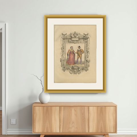Henri III French Court Costume, Royal Couple Costume Lithograph, 1847, shown framed on a wall