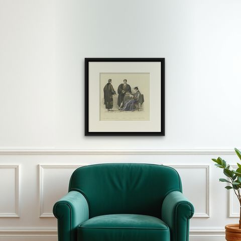 Old Print of Nobleman and Fellow-Commoners of Trinity and Emanuel College, 1815, shown framed on a wall