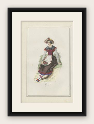 Tyrolean Woman Costume Print, Antique Hand-Colored Lithograph, 1854, shown framed