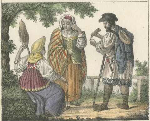 Russian Women Washing Linen and Russian Peasants with a Distaff, 1842, close-up 2