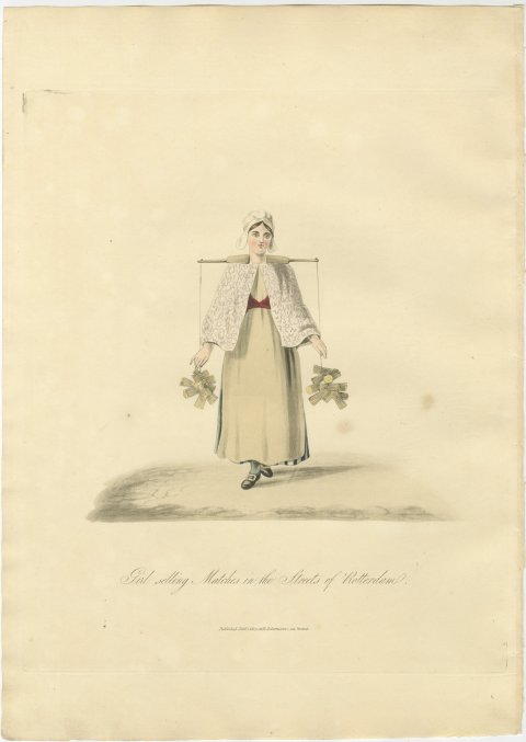 Girl selling Matches in Rotterdam, Street Seller, Antique Print, 1817, view 2