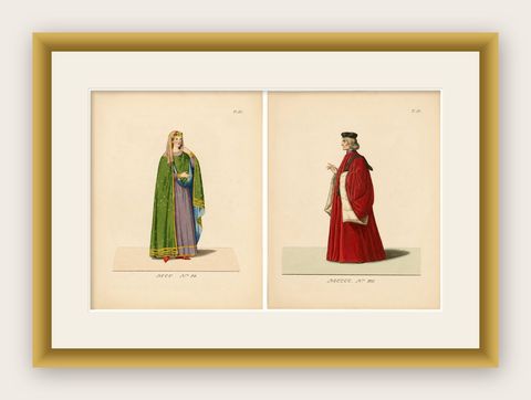 Venetian Nobleman and Noblewoman Costume Prints, Camille Bonnard, 1845, shown framed