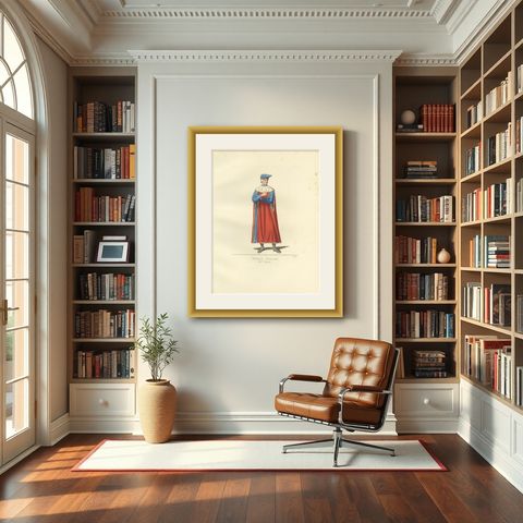 Antique Print of an Italian Nobleman, 14th Century, by Bonnard, 1860, shown framed in a room