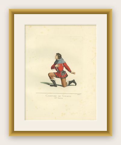 Antique Print of a Travel Costume, 15th Century, by Bonnard, 1860, shown framed