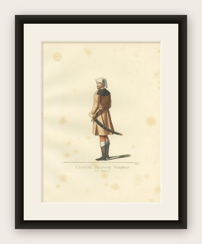 Antique Print of a 15th Century Veronese Military Costume by Bonnard, 1860, shown framed