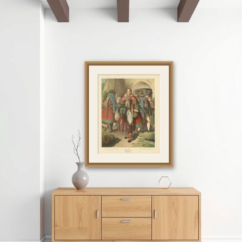 Pomeranian Traditional Costume Chromolithograph, Weizacker, c.1875, shown framed on a wall