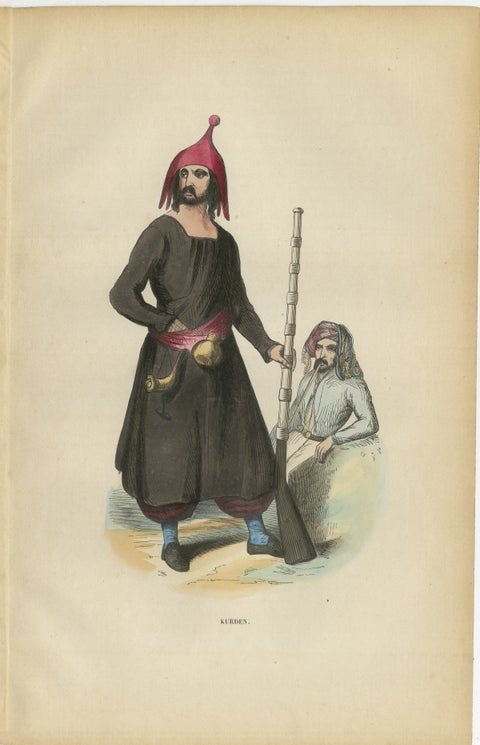 Antique Kurdish Warrior Print, Hand-Colored Ottoman Costume Lithograph, 1852