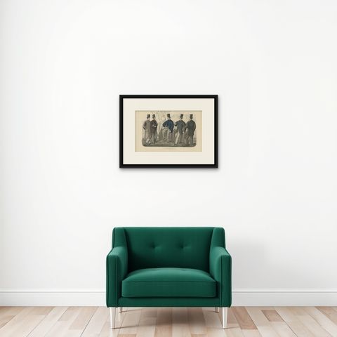 Antique Fashion Print April, 1865, shown framed on a wall