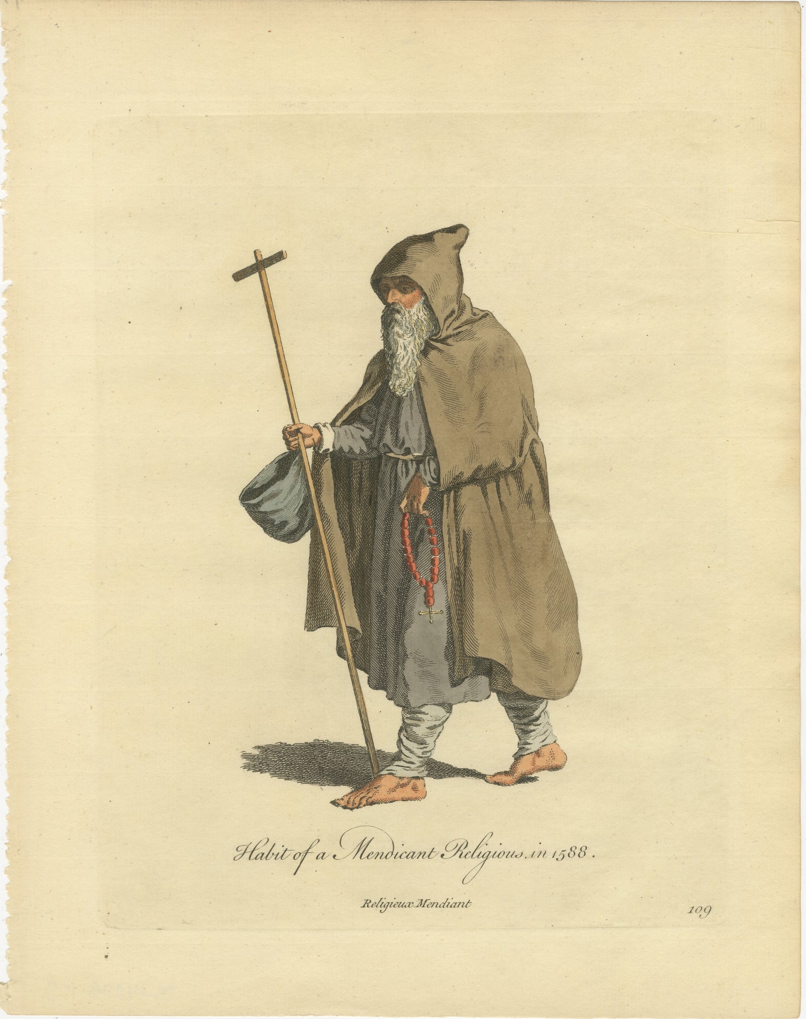 Mendicant Religious Costume Engraving, Pilgrim Monk, 1588 - Published in 1749