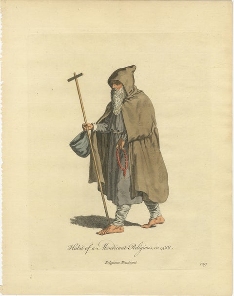 Mendicant Religious Costume Engraving, Pilgrim Monk, 1588 - Published in 1749