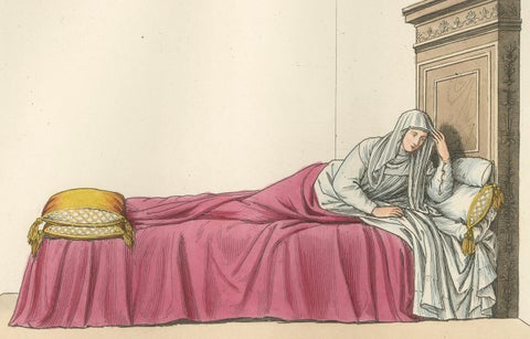 Italian Noblewoman Reclining in Bed, Renaissance Interior Scene, Published 1845, close-up 2