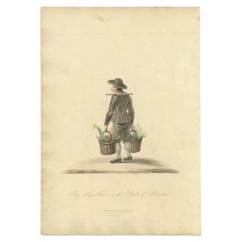 Antique Handcolored Print of a Boy Selling Flowers in Rotterdam, Holland, 1817, view 2