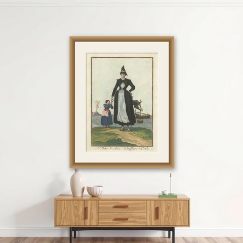 Copperplate Engraving of a Dutch Seaman’s Wife in Traditional Costume, 1703, shown framed on a wall
