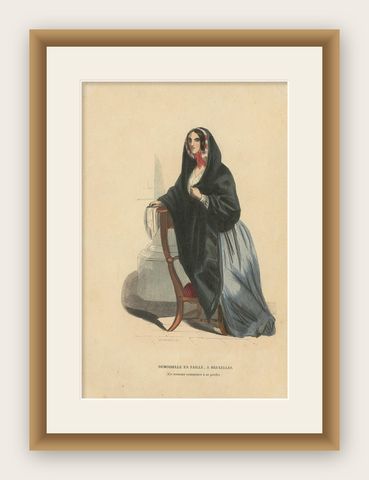 Antique Costume Print of a Young Lady in Brussels by Wahlen, 1843, shown framed