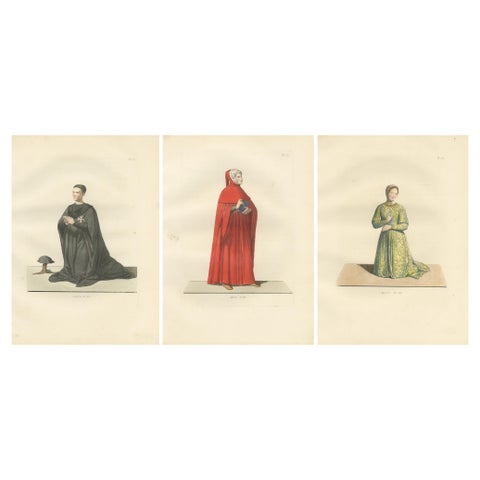 Costumes of a Knight, a Poet, and a Muse from Medieval Italy, Published in 1845