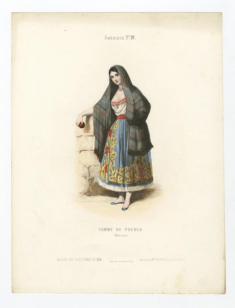 Original Antique Handcolored Print Depicting a Woman from Puebla, Mexico, 1850, view 3