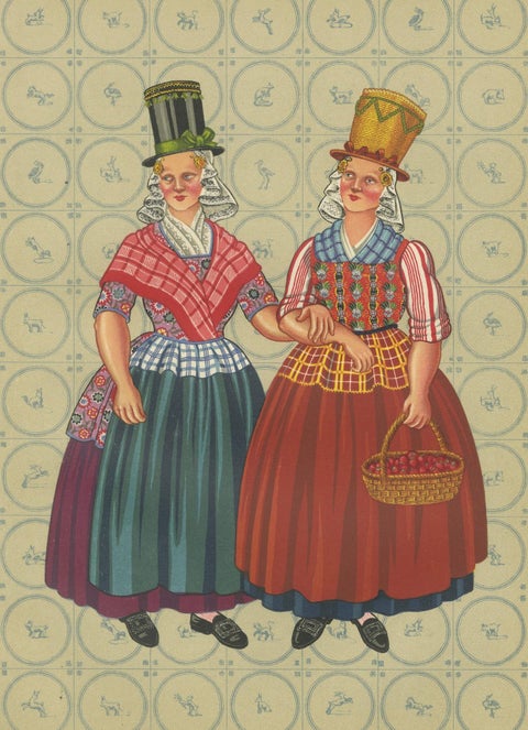 Chromolithograph of Frisian Women in Tall Sunday Hats and Checked Aprons, 1932, close-up 1