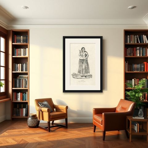 19th Century Guam Costume Lithograph, Angela, Smoking Woman from Gubam Island, shown framed in a room