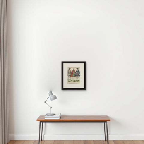 Rare Antique Costume Print Showing Three Gentlemen from England, 1805, shown framed on a wall