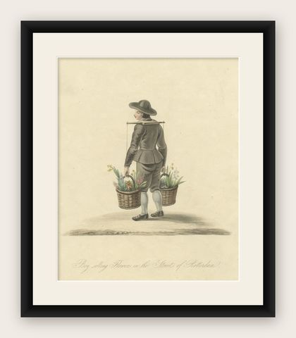 Antique Handcolored Print of a Boy Selling Flowers in Rotterdam, Holland, 1817, shown framed