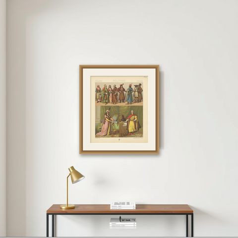 Antique Print of Polish Costumes Racinet, 'circa 1880', shown framed on a wall