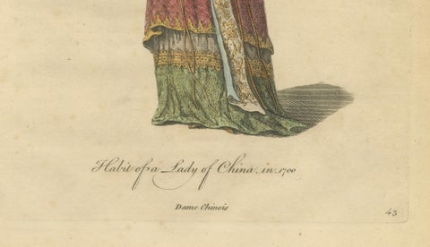 Lady of China in Elegant Court Dress, Antique Print, Jefferys, 1749, close-up 4