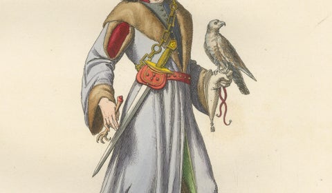 Medieval Falconer Figure, Hand-Colored Costume Engraving, France 1845, close-up 6