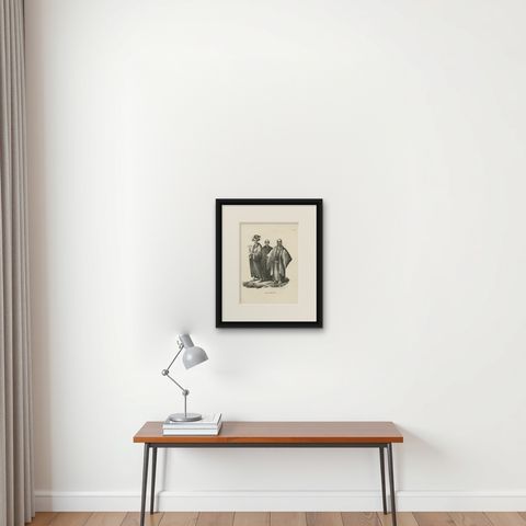Antique Lithograph of Chinese Figures in Tradional Attire, Brodtmann 1827, shown framed on a wall