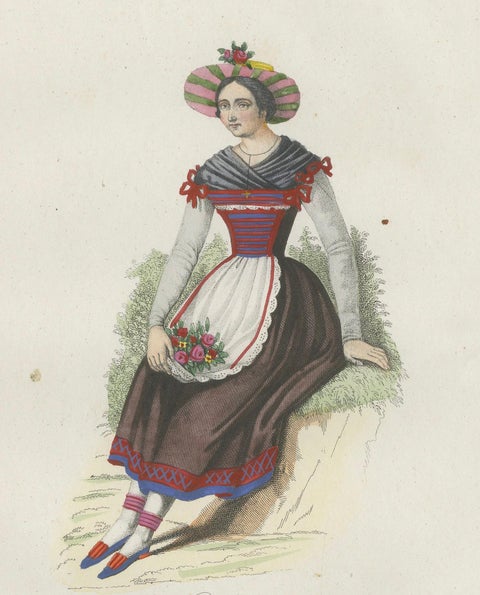 Tyrolean Woman Costume Print, Antique Hand-Colored Lithograph, 1854, close-up 4
