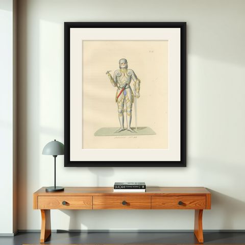 Joan of Arc in Armor, Antique Hand-Colored Costume Lithograph, c.1845, shown framed on a wall