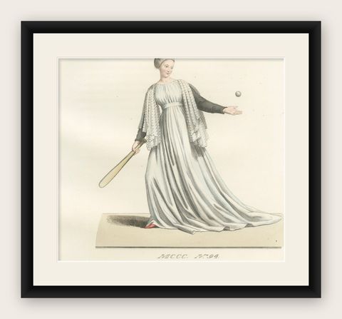 Medieval Tennis Costume Study, Hand-Colored Lithograph c.1845, shown framed