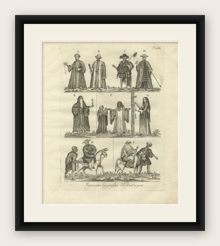 Traditional Egyptian Costumes, 18th-Century Ethnographic Engraving, shown framed