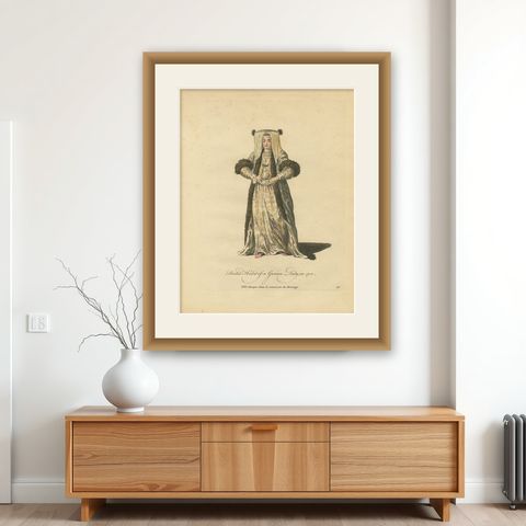 Antique Costume Print Grecian Lady Bridal Dress Jefferys, 1749, shown framed on a wall