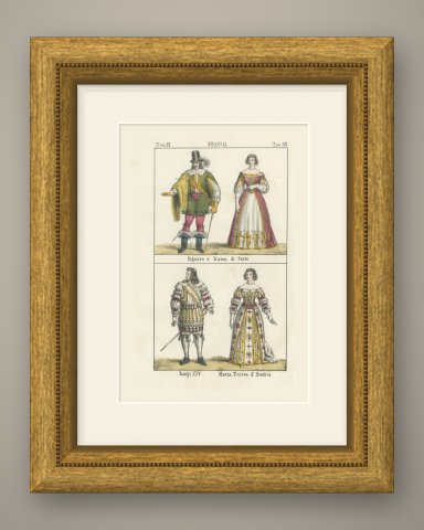 Courtier, Court Lady, Louis XIV and Maria Theresa of Austria, Lithograph, 1842, shown framed