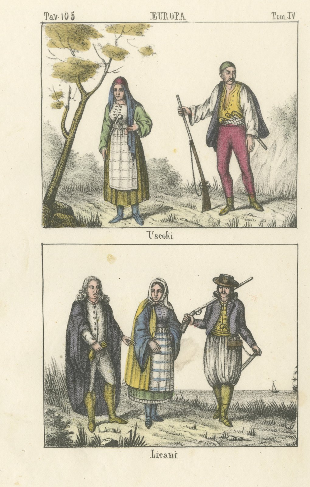 Uskoks and Licani, Croatian Costumes, Hand Colored Lithograph, 1842