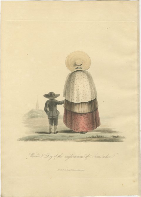 Woman and Boy near Amsterdam, Church Spire Beyond, Antique Print, 1817, view 2